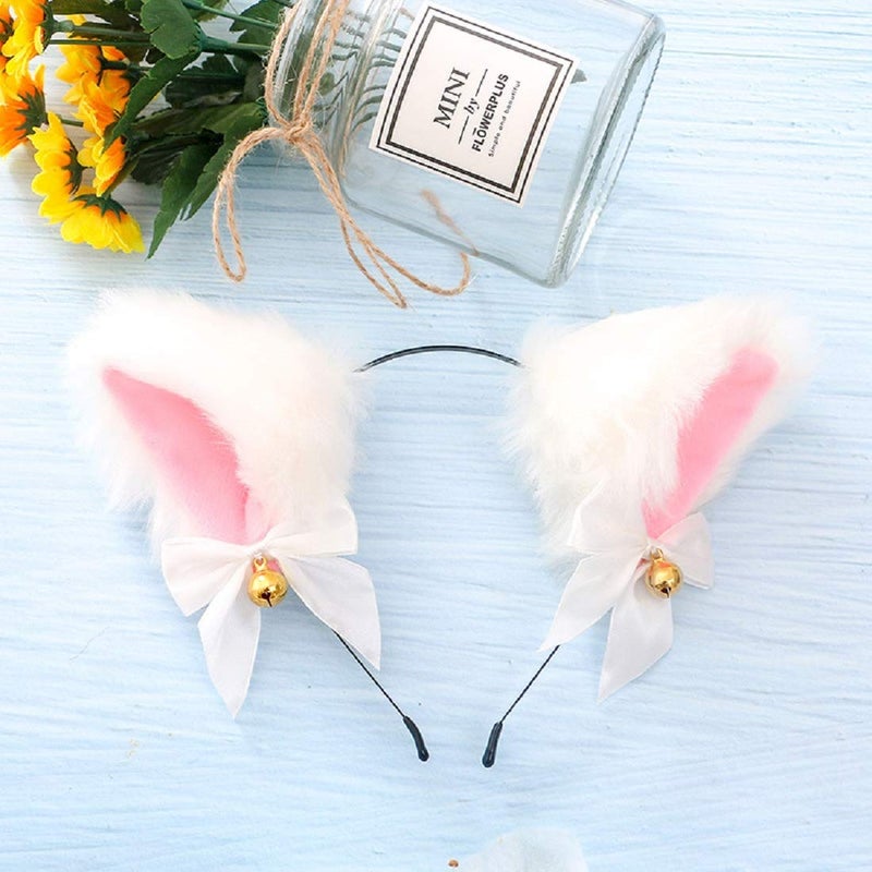 Fxaelian Animal Faux Fur Fox Cat Dog Ears Headband Halloween Cosplay Costume Party Headbands for Women Men Adult with Bell White - Image 2